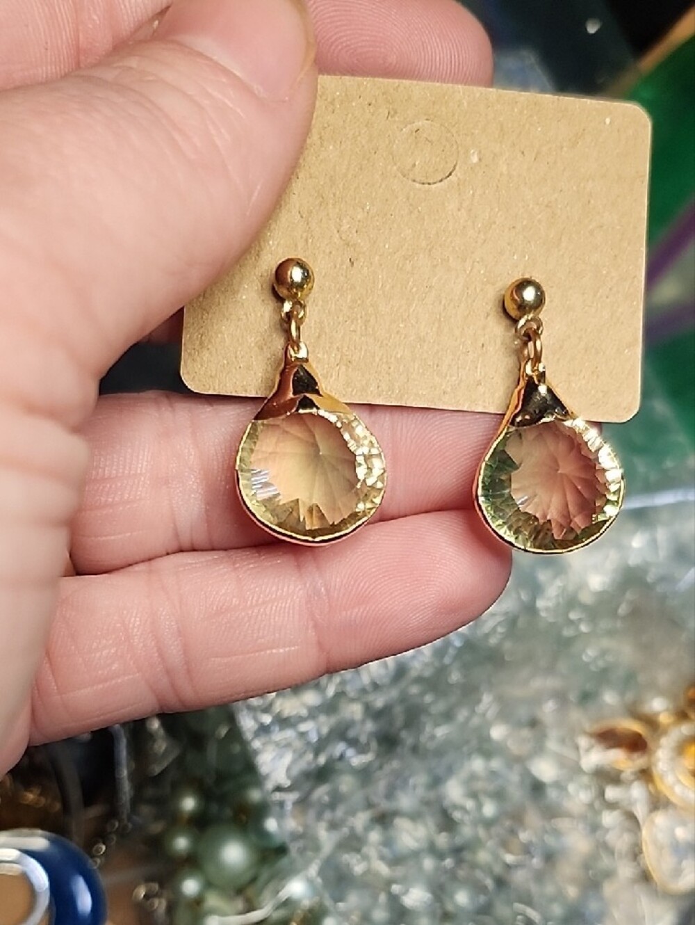 Vintage Gold Drop Earrings with Light Green Crystal Teardrops - Picture 4 of 4